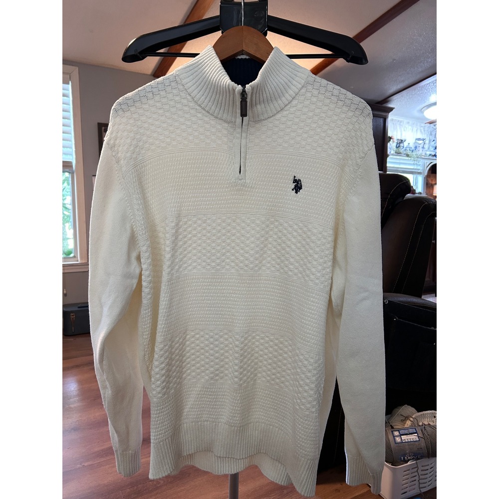 U.S. Polo Assn. Mens Cream Quarter Zip Pullover Sweater Textured Knit Top XL
